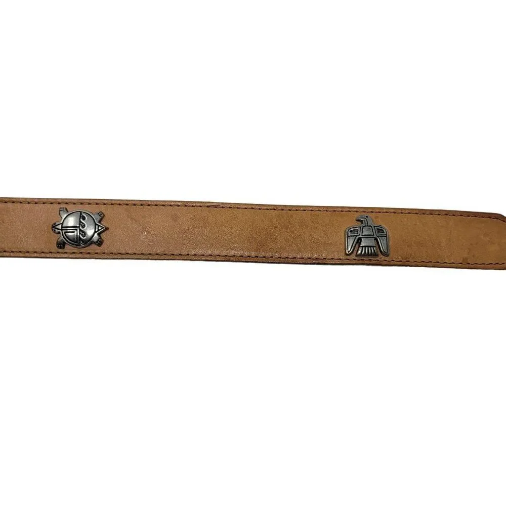 Vintage Southwestern Leather Belt Tan Silver Animal Concho M 34